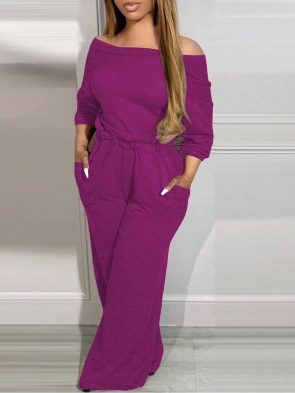 Off-Shoulder Wide-Leg Jumpsuit in Plum